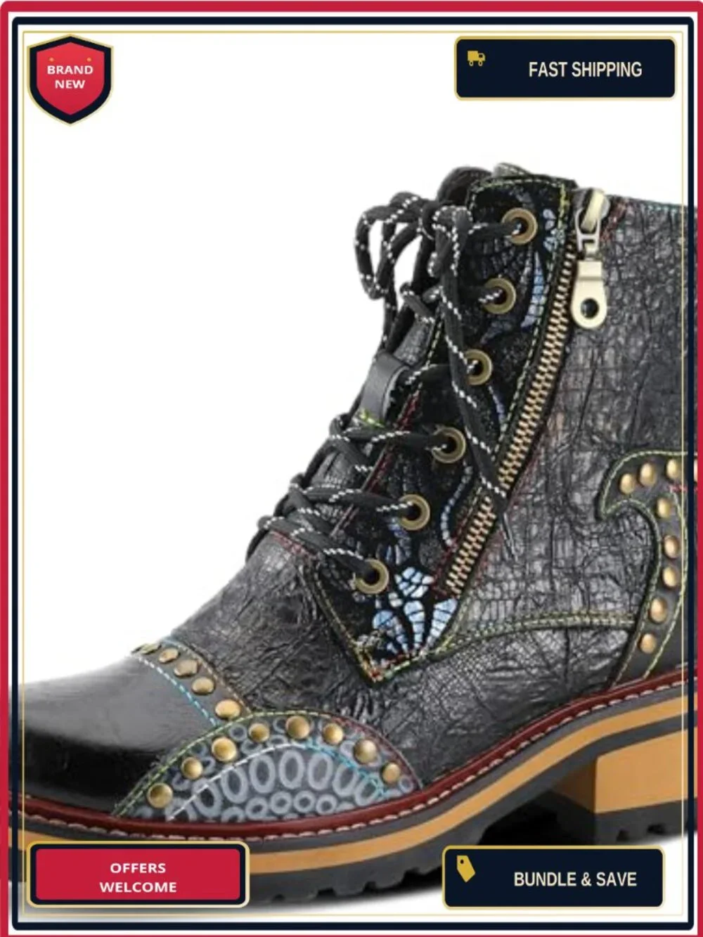 Women's Leather Lace-Up Ankle Booties with Faux Fur Lining, Low Heel, Side